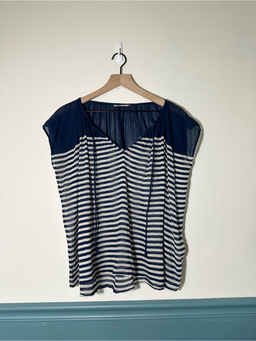 Mes Demoiselles - Navy and White Striped V-Neck Women's Top